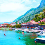 Kotora Melnkalne medieval old town Kotor Montenegro with stone walls and Bay of Kotor views