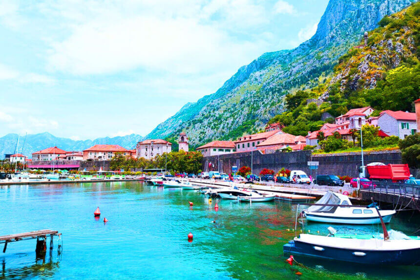 Kotora Melnkalne medieval old town Kotor Montenegro with stone walls and Bay of Kotor views
