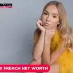 Alex French net worth studio portrait in yellow feather wrap, glitter makeup, for article