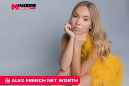 Alex French net worth studio portrait in yellow feather wrap, glitter makeup, for article