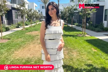 Linda Furrha net worth in white tiered ruffle dress standing in a landscaped courtyard, Linda Furrha net worth article image