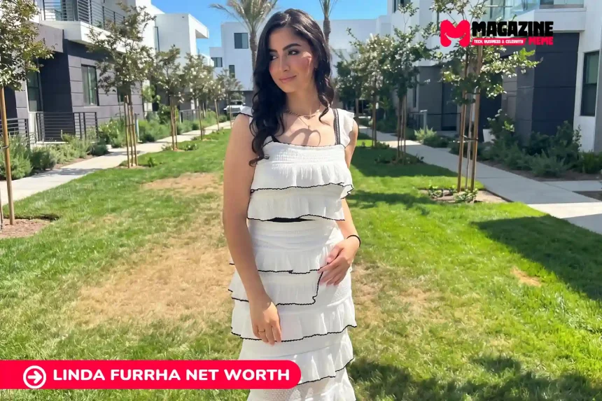 Linda Furrha net worth in white tiered ruffle dress standing in a landscaped courtyard, Linda Furrha net worth article image