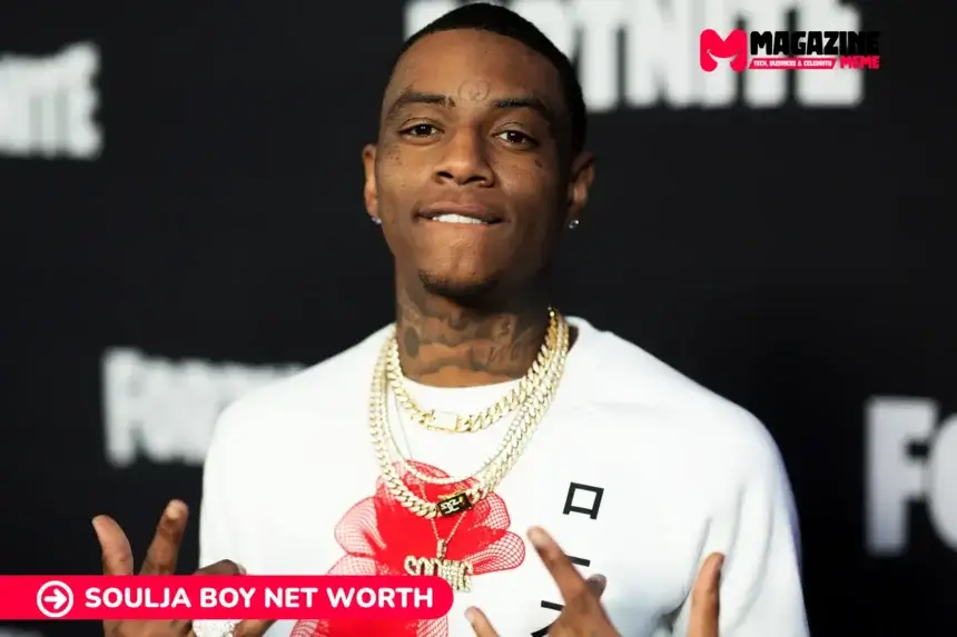 Soulja Boy Net Worth article portrait, close-up in gold chains throwing hand signs