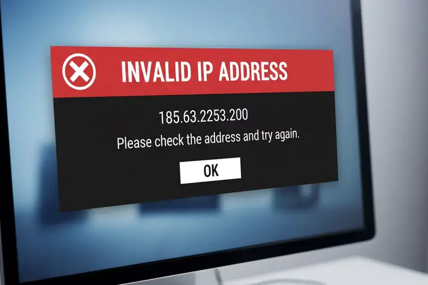Invalid IP address error 185.63.2253.200 on a computer screen