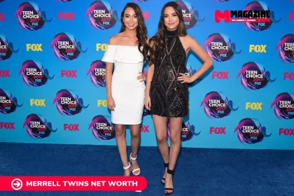 Merrell Twins net worth feature image showing two women in evening wear at a Teen Choice 2017 backdrop.