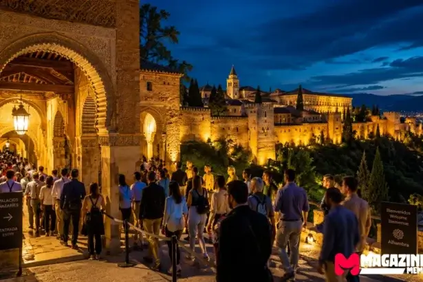 Visitors inside the Alhambra at night showing the attendance and revenue generated by evening tours in Granada