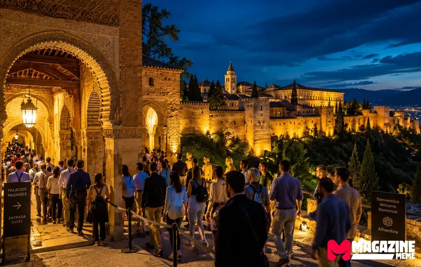 Visitors inside the Alhambra at night showing the attendance and revenue generated by evening tours in Granada