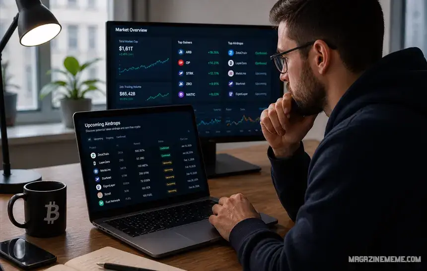 Crypto Airdrops List 2026 showing top token distribution projects and how to claim free crypto tokens