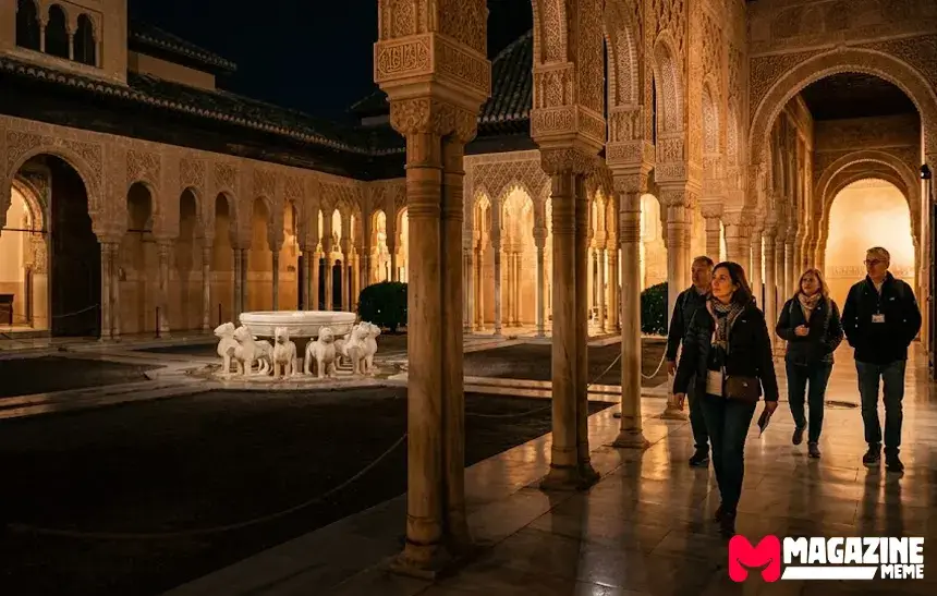 Visitors exploring the Nasrid Palaces at night under warm lighting inside the Alhambra in Granada