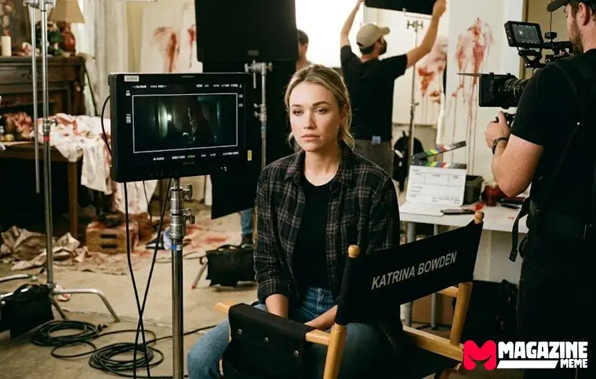 Katrina Bowden sitting on a film set during a break while working on a suspense movie production.
