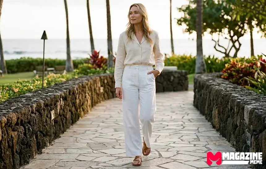 Katrina Bowden walking outdoors at a Hawaii resort during sunset in a candid editorial-style photograph.
