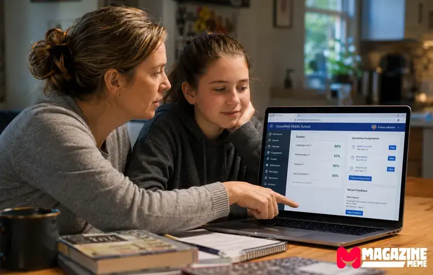 Parent and student reviewing assignments and grades together on a laptop at home