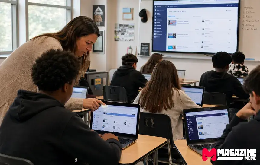 Students using laptops in a classroom while accessing an online learning platform with teacher support nearby