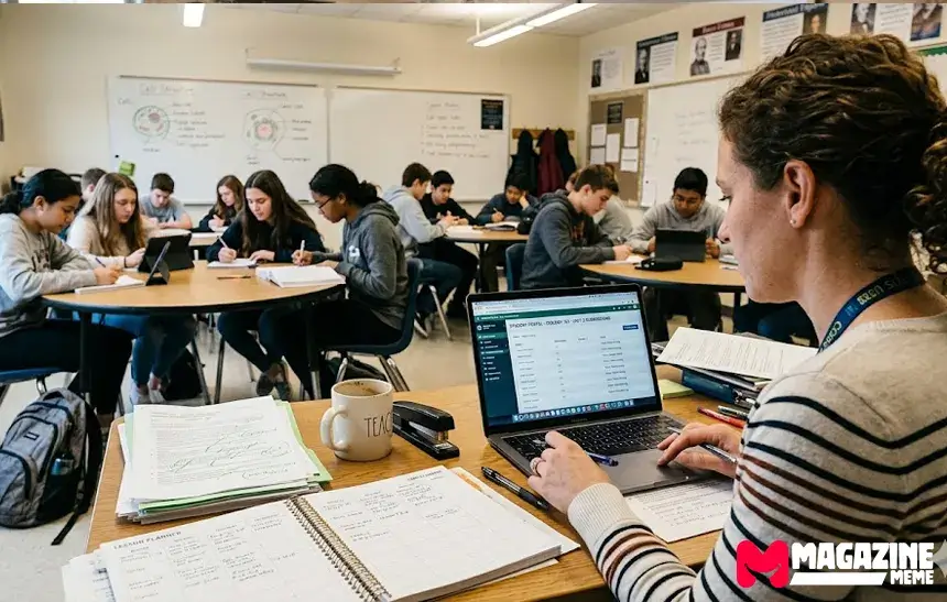 Teacher reviewing digital assignments on a laptop while students work in classroom background