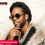 Rapper 2 Chainz in a studio shoot wearing diamond Cuban link chains, a fur coat, and round sunglasses