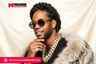Rapper 2 Chainz in a studio shoot wearing diamond Cuban link chains, a fur coat, and round sunglasses