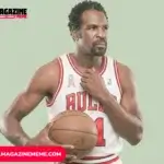 Former NBA player in a Chicago Bulls jersey #1 holding a basketball against a light green background.