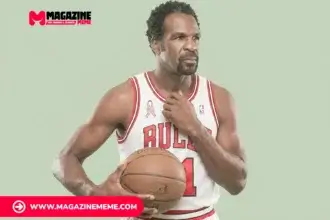 Former NBA player in a Chicago Bulls jersey #1 holding a basketball against a light green background.