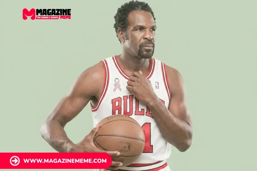 Former NBA player in a Chicago Bulls jersey #1 holding a basketball against a light green background.