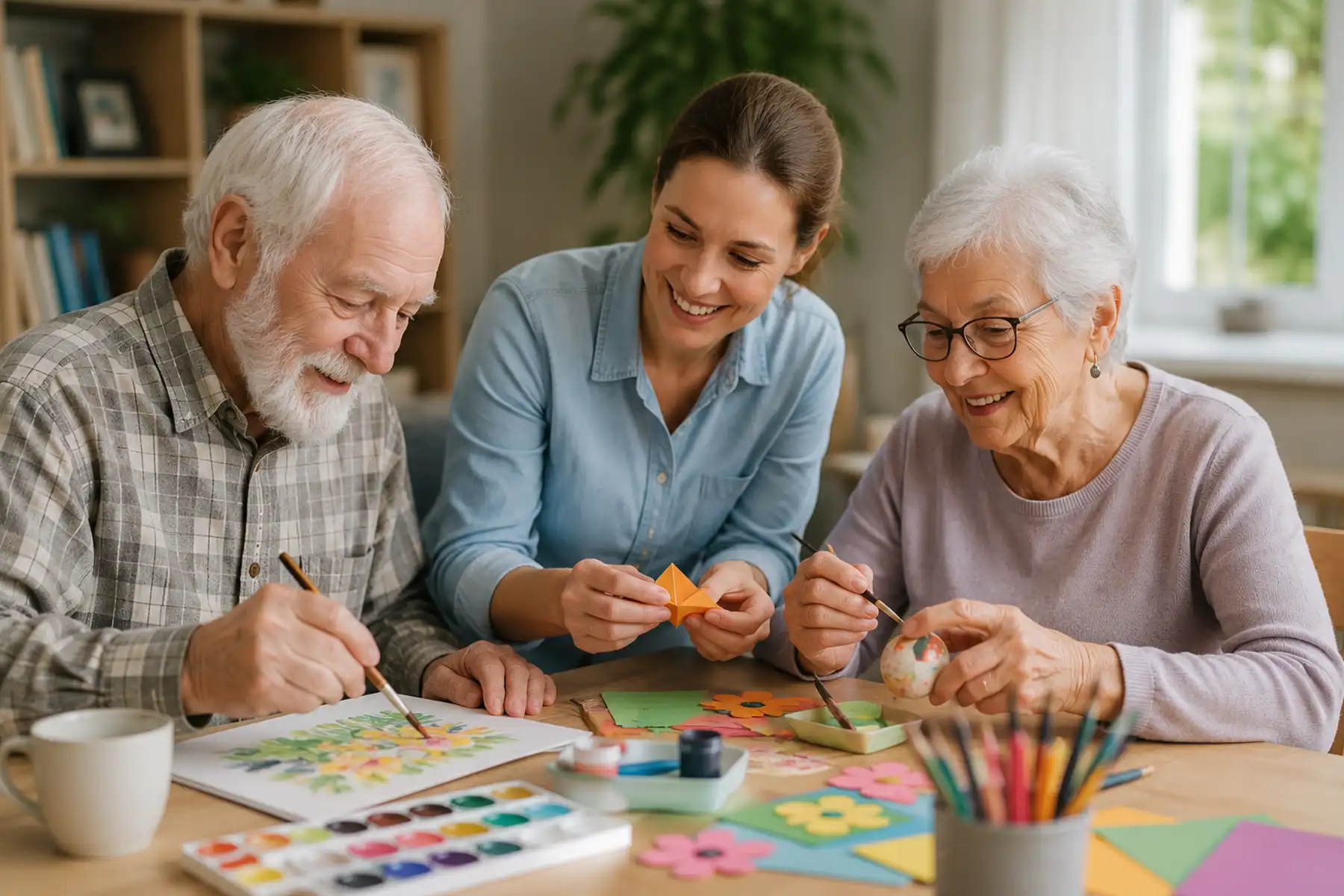 Family members painting and making crafts together with elderly parents at a dining table