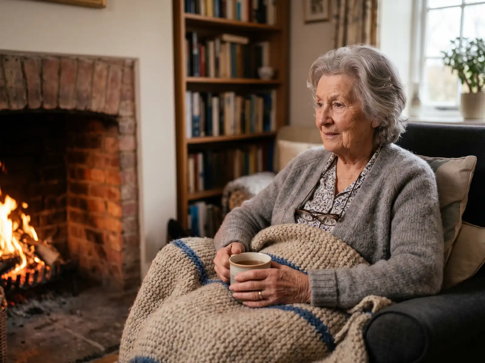An elderly woman wrapped in a knitted blanket sits in an armchair beside a lit fireplace, holding a warm mug, illustrating how declining body temperature regulation in older adults leads to increased sensitivity to cold and the need for external heat sources.