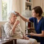 A caregiver in blue scrubs places a cool damp cloth on an elderly woman's forehead while she drinks a glass of water, with a fan running in the background to help manage hyperthermia symptoms.