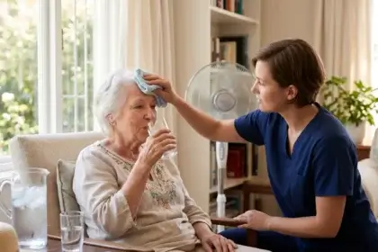 A caregiver in blue scrubs places a cool damp cloth on an elderly woman's forehead while she drinks a glass of water, with a fan running in the background to help manage hyperthermia symptoms.