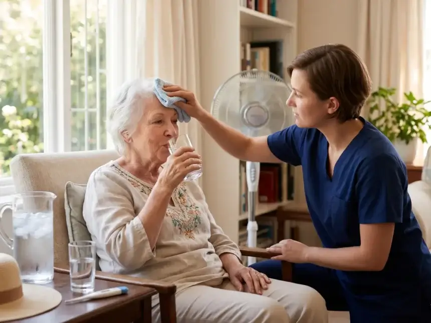 A caregiver in blue scrubs places a cool damp cloth on an elderly woman's forehead while she drinks a glass of water, with a fan running in the background to help manage hyperthermia symptoms.