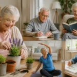 Older adults enjoying reading, gardening, stretching, journaling, and painting together at home