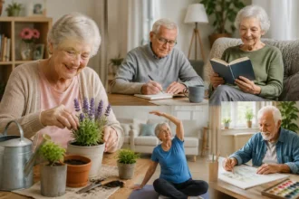 Older adults enjoying reading, gardening, stretching, journaling, and painting together at home