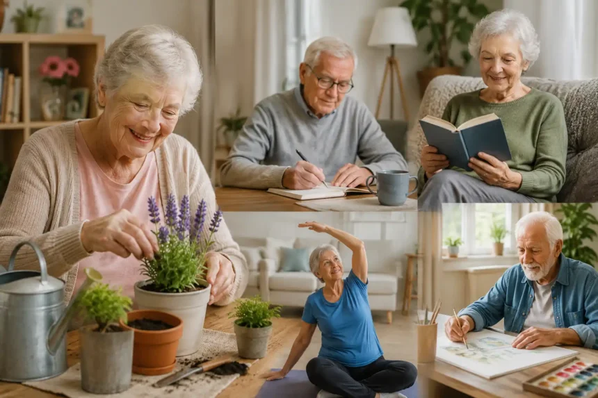 Older adults enjoying reading, gardening, stretching, journaling, and painting together at home