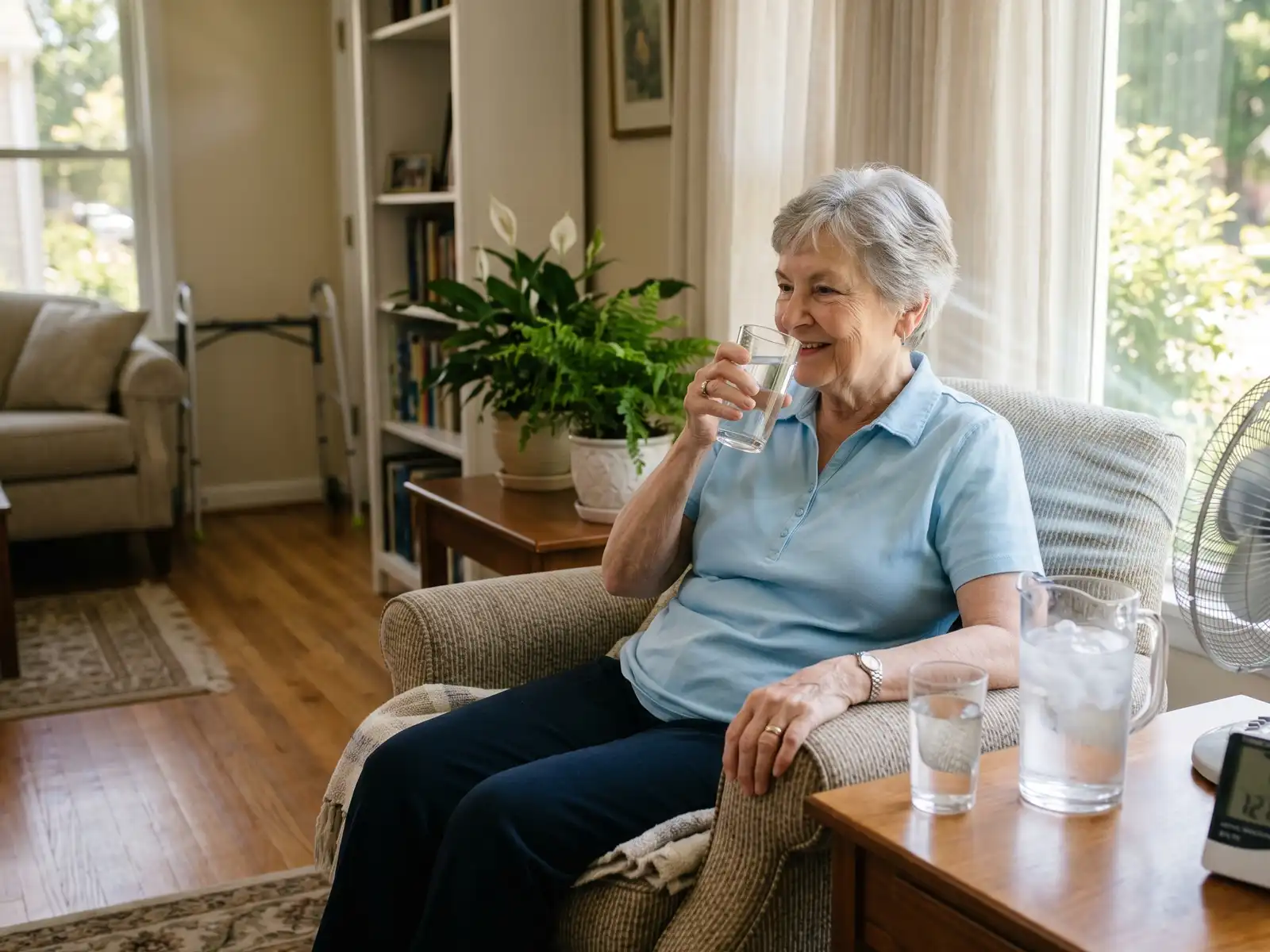 Elderly woman sitting in a comfortable armchair at home, drinking a glass of water next to a fan and a pitcher of ice water to stay cool and prevent hyperthermia.
