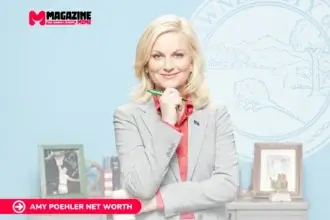 Amy Poehler as Leslie Knope in gray suit in front of Pawnee city seal