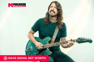 Dave Grohl net worth subject playing green guitar seated on stool