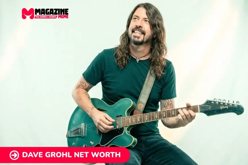 Dave Grohl net worth subject playing green guitar seated on stool