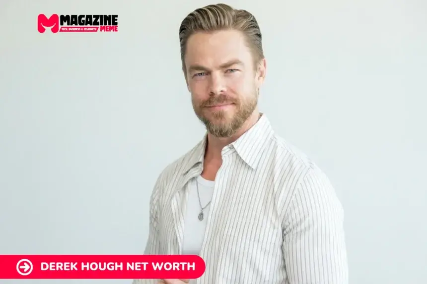 Derek Hough smiling in striped white shirt, studio portrait