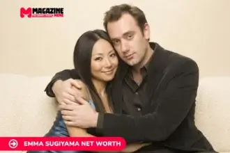 Emma Sugiyama and man in formal attire on a cream sofa, per image label