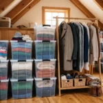 Temporary storage bins with seasonal clothes and household items organized for an easier home move