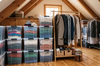 Temporary storage bins with seasonal clothes and household items organized for an easier home move