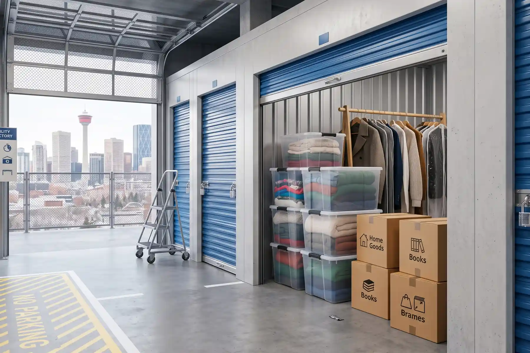 Short-term affordable storage Calgary unit with seasonal clothes, storage bins, and household moving boxes