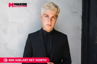 Ben Azelart in black suit and shirt, platinum-blond hair, for net worth article