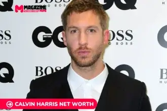 Calvin Harris in a black suit at a GQ and Boss event backdrop, Calvin Harris net worth article portrait.
