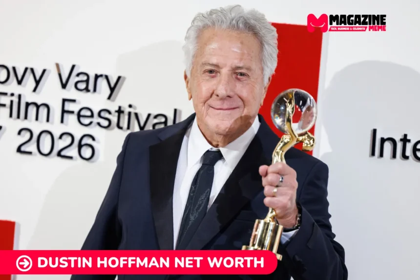 Dustin Hoffman net worth in a dark suit holding a glass and gold trophy at a film festival, for the Dustin Hoffman article.