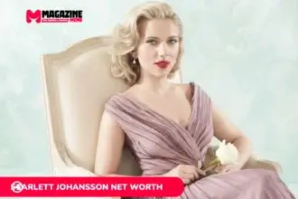 Scarlett Johansson Net Worth article portrait: seated woman in mauve gown holding a