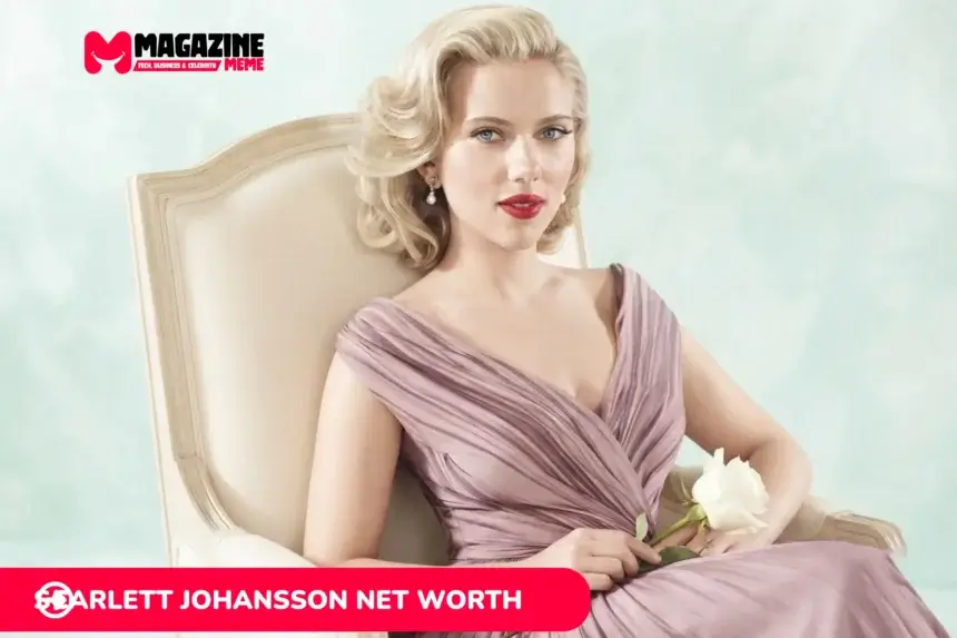 Scarlett Johansson Net Worth article portrait: seated woman in mauve gown holding a