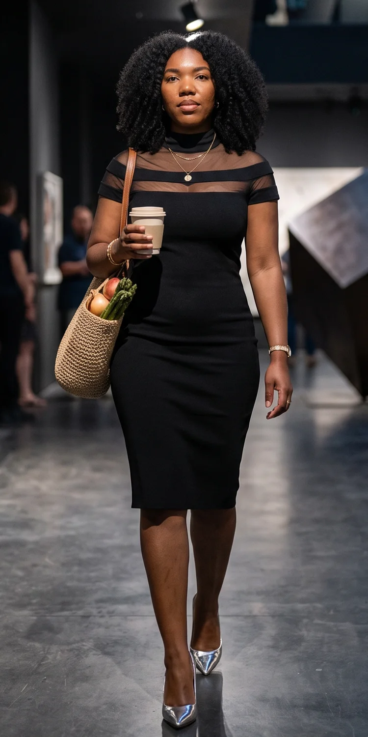 All-Black Mesh-Panel Sheath Dress with Pointed Metallic Pumps