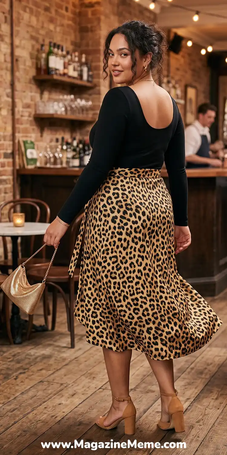 Animal Print Wrap Skirt with a Black Bodysuit