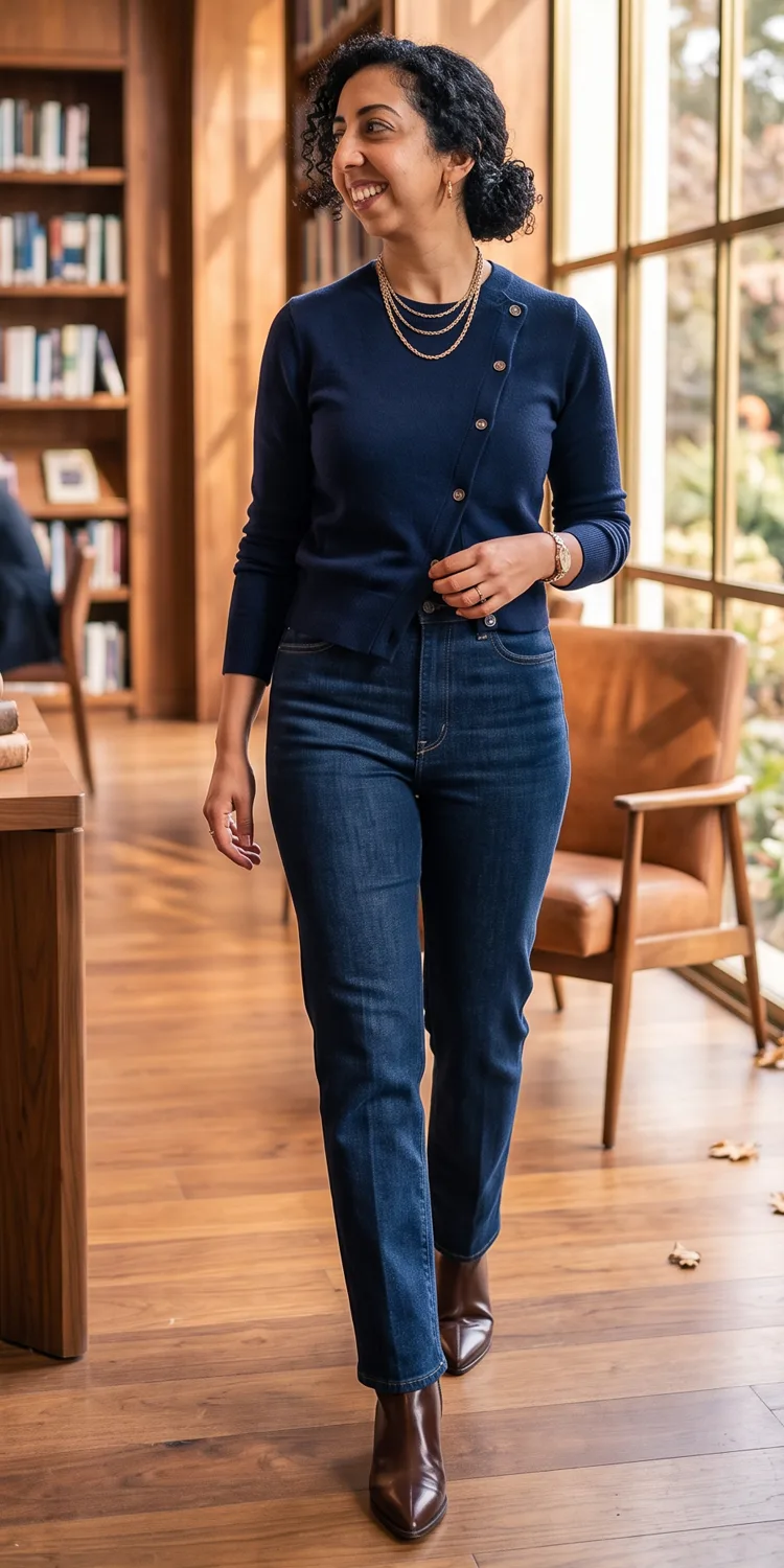 Asymmetric Button-Front Cardigan Tucked Into Dark Trouser Jeans