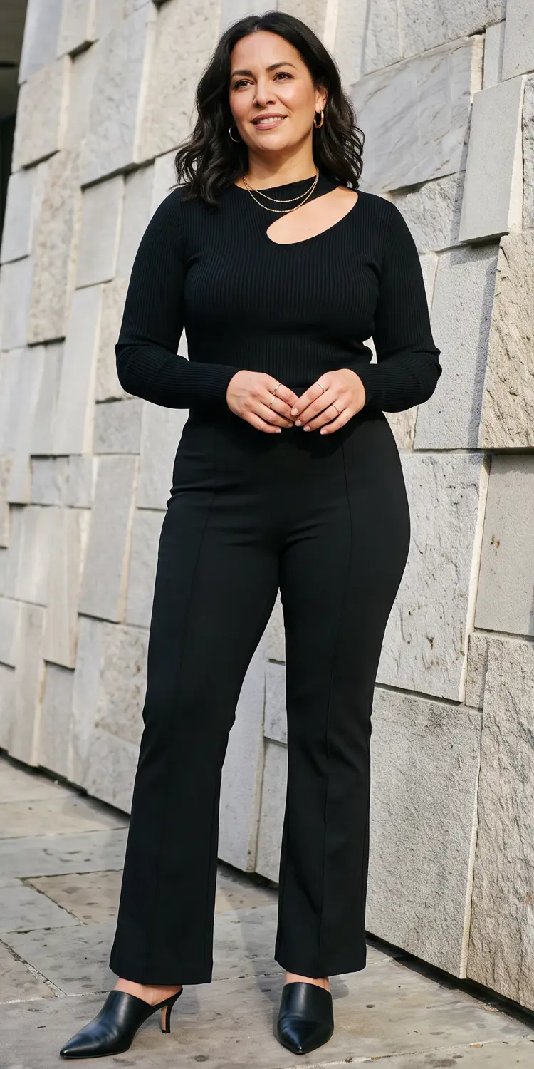 Asymmetric Cutout Ribbed Top Styled with Sleek High-Waist Flare Pants