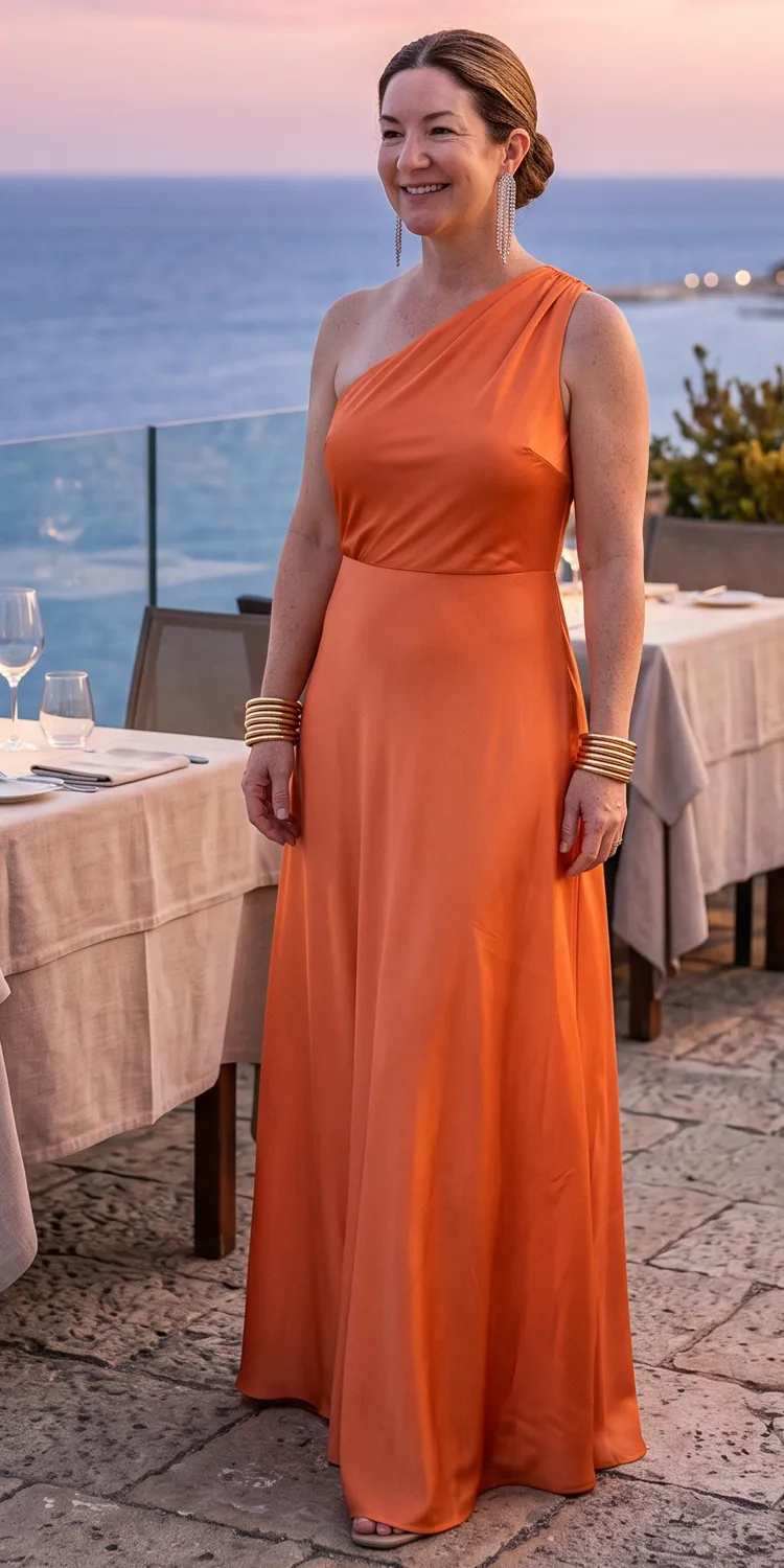 Asymmetrical One-Shoulder Maxi Dress in a Rich Sunset Hue